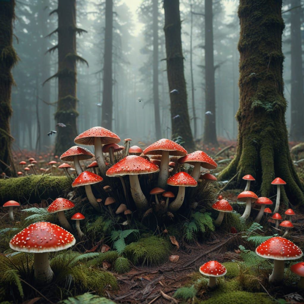 Dark Fantasy Masterpiece: Giant Mushrooms Enshroud Human Rem...