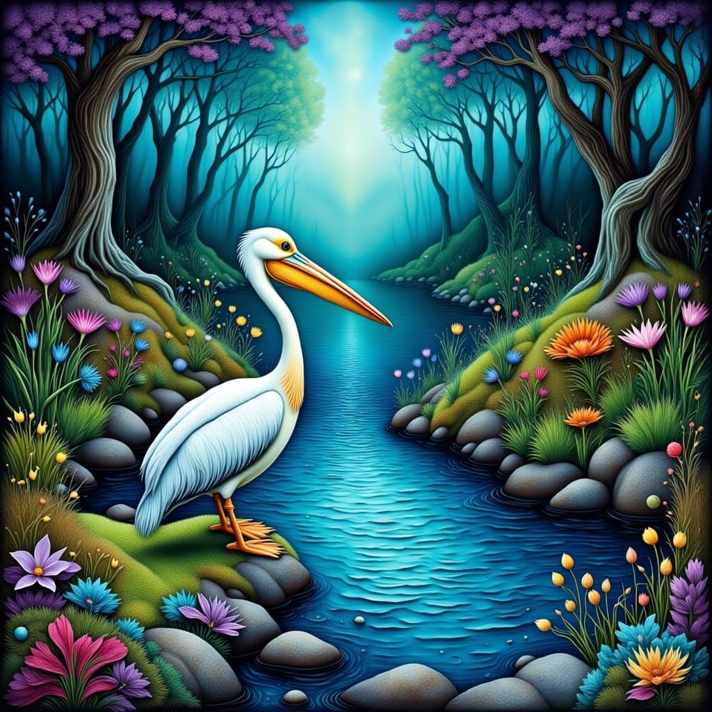 Pelican in Mystical Pond, Dark Fantasy Concept Art