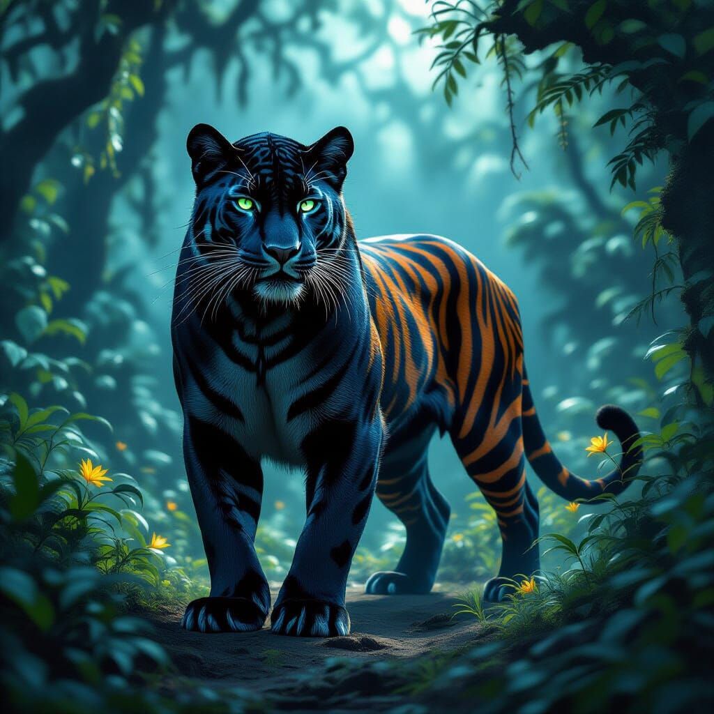 Majestic Panther Tiger Hybrid in Moonlit Jungle