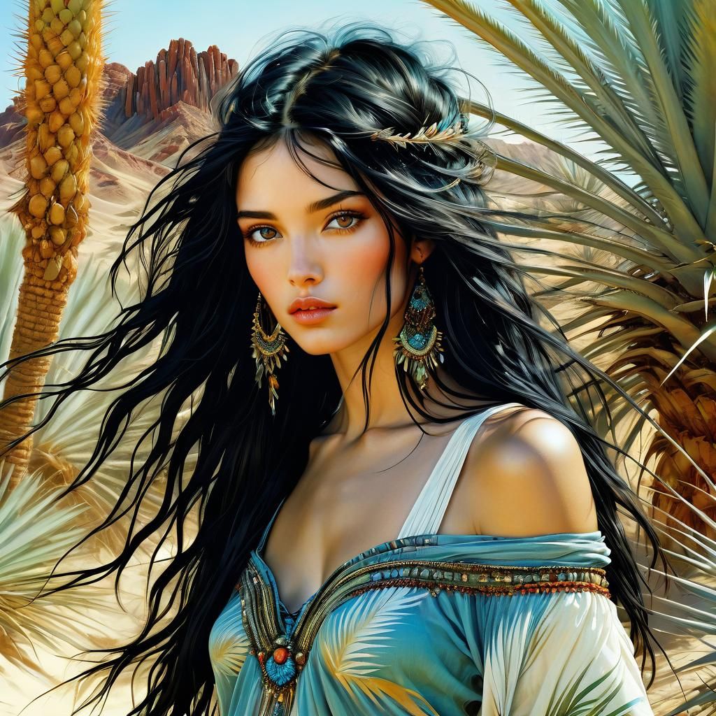 Botticelli-esque Woman in Desert Oasis, Anime Style