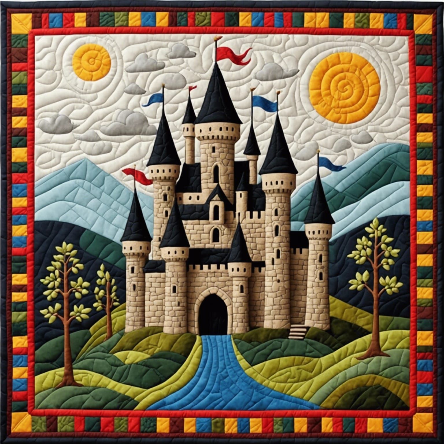 Quilted Fabric Art of a Medieval Castle