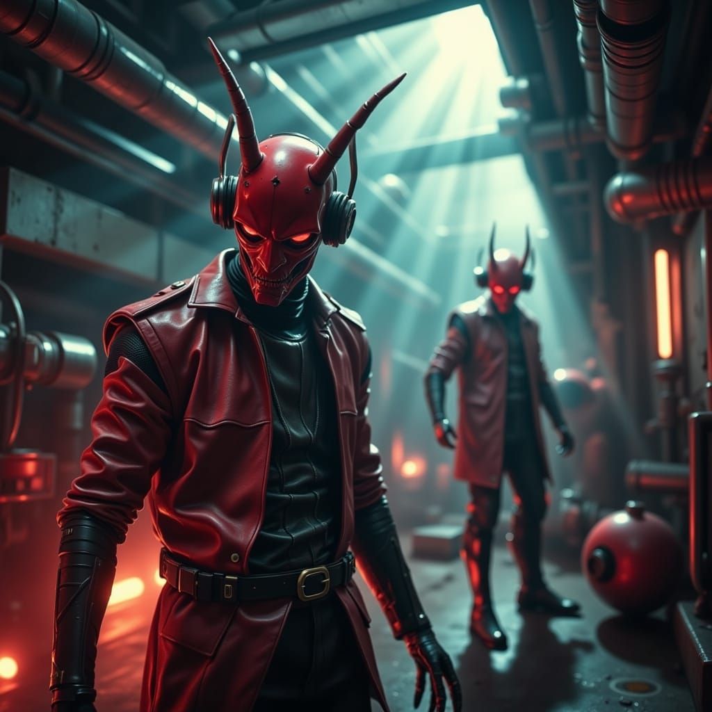 Cybernetic Humans in Dark, Industrial Landscape