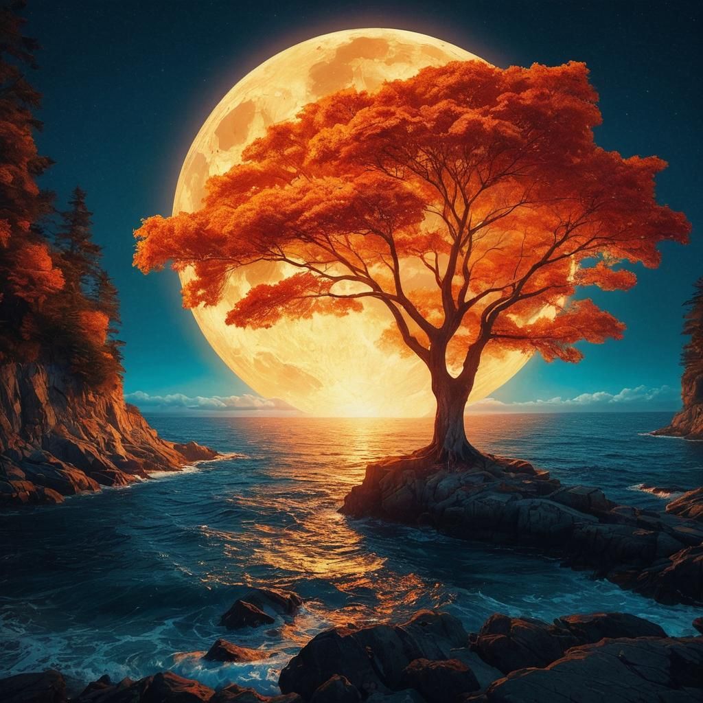 Autumn Tree on Cliffside Overlooking Moonlit Ocean