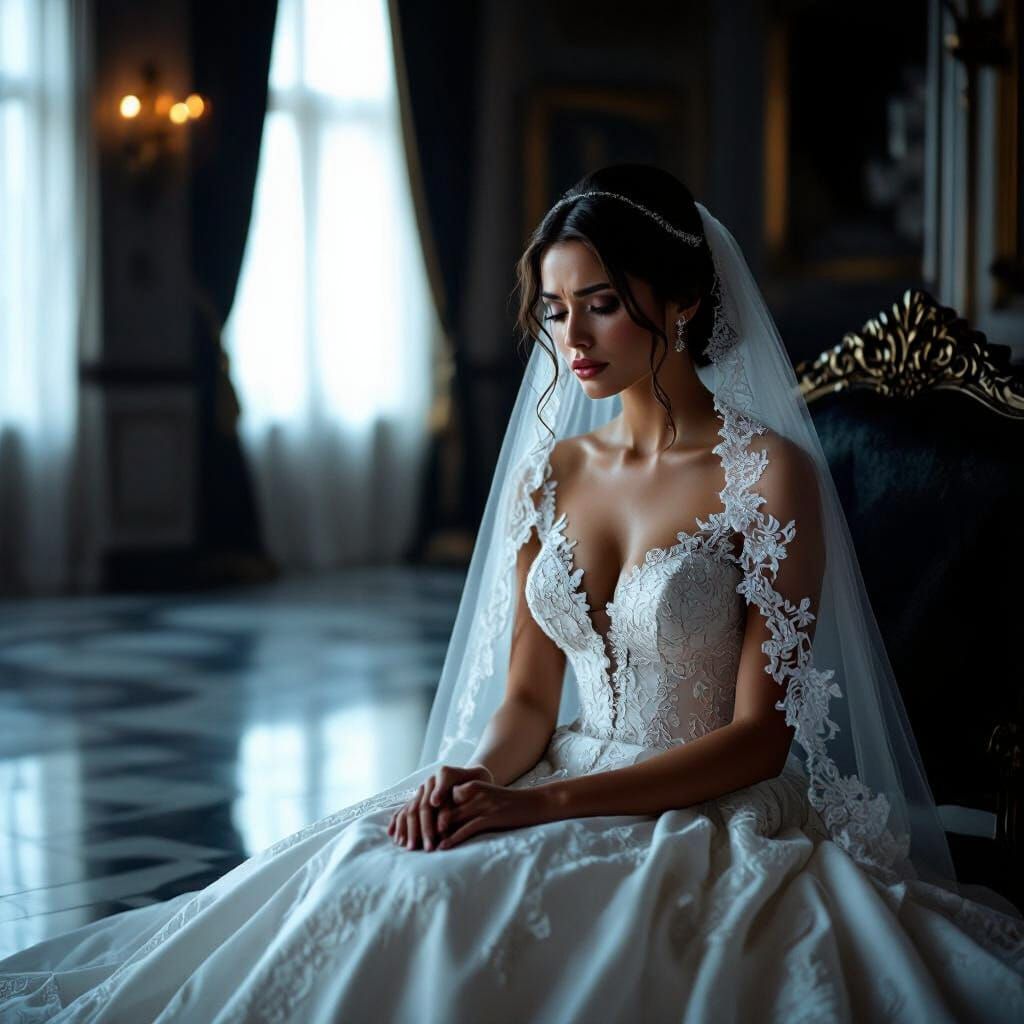 Bride Crying Alone in Dark Cinematic Wedding Scene