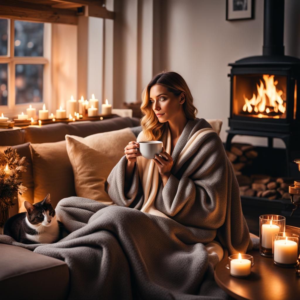 Hygge Scene: Woman, Cat, Hot Chocolate, Fireplace
