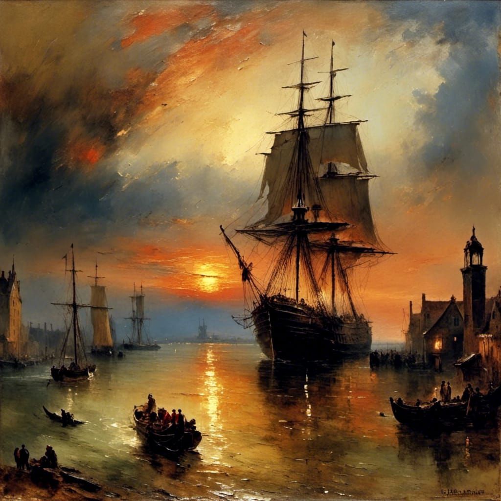 Ship at Sunset: Impasto Oil Painting