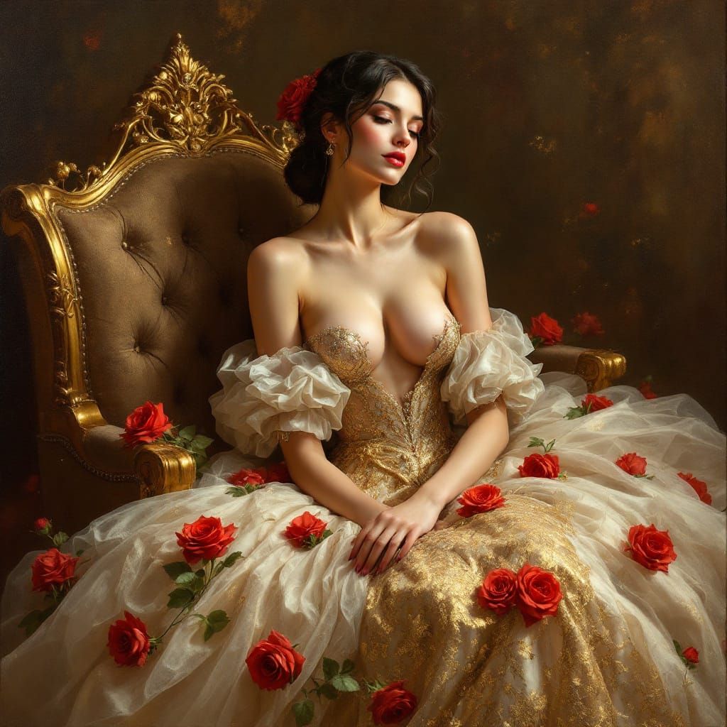 Woman in Golden Dress with Roses: Realistic Fantasy Art