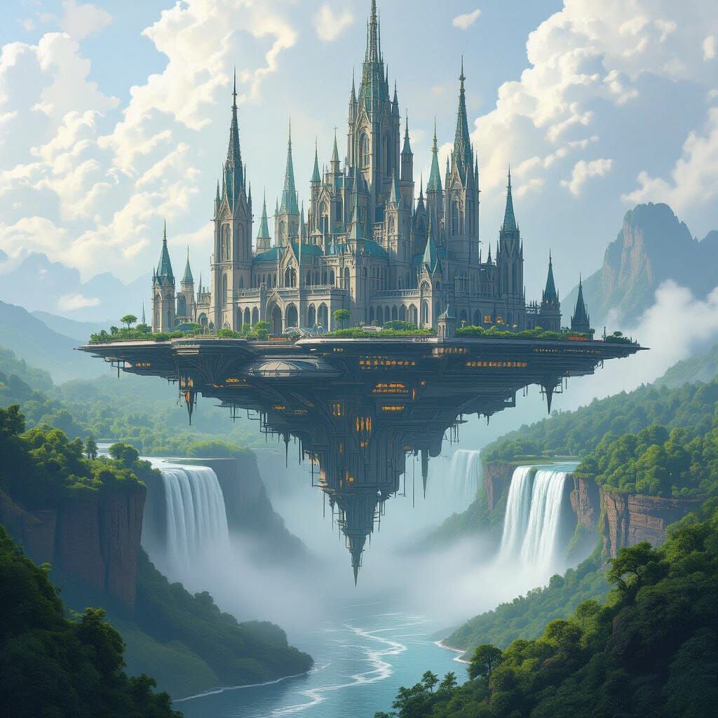 Floating Gothic City Above Lush Forest