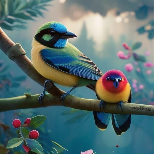 Colorful Parrot in Lush Floral Scene, Hyperrealism