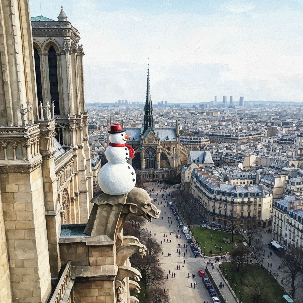 Snowman on Notre Dame Gargoyle: Gouache Watercolor Style