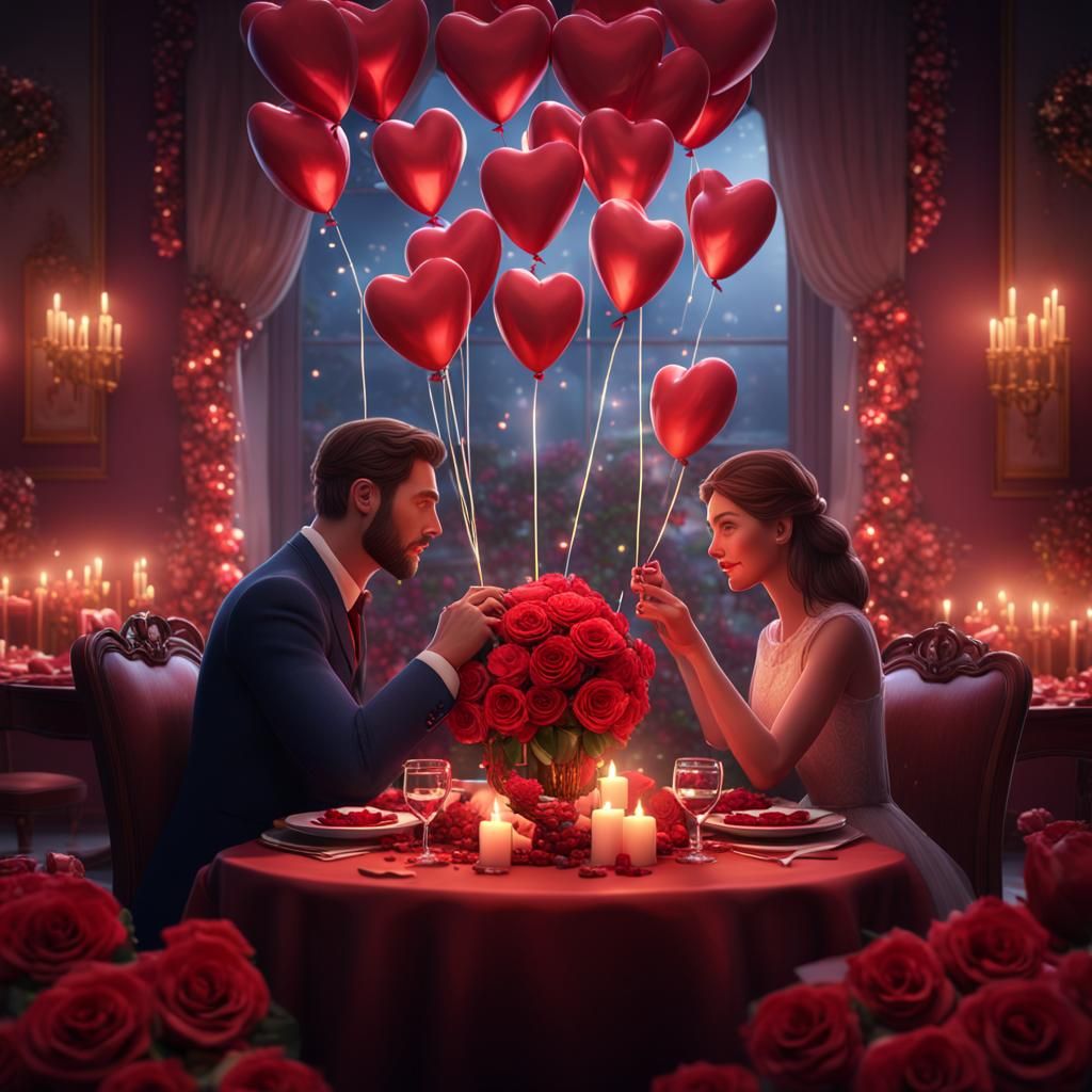 Romantic Candlelit Dinner with Roses and Heart Balloons