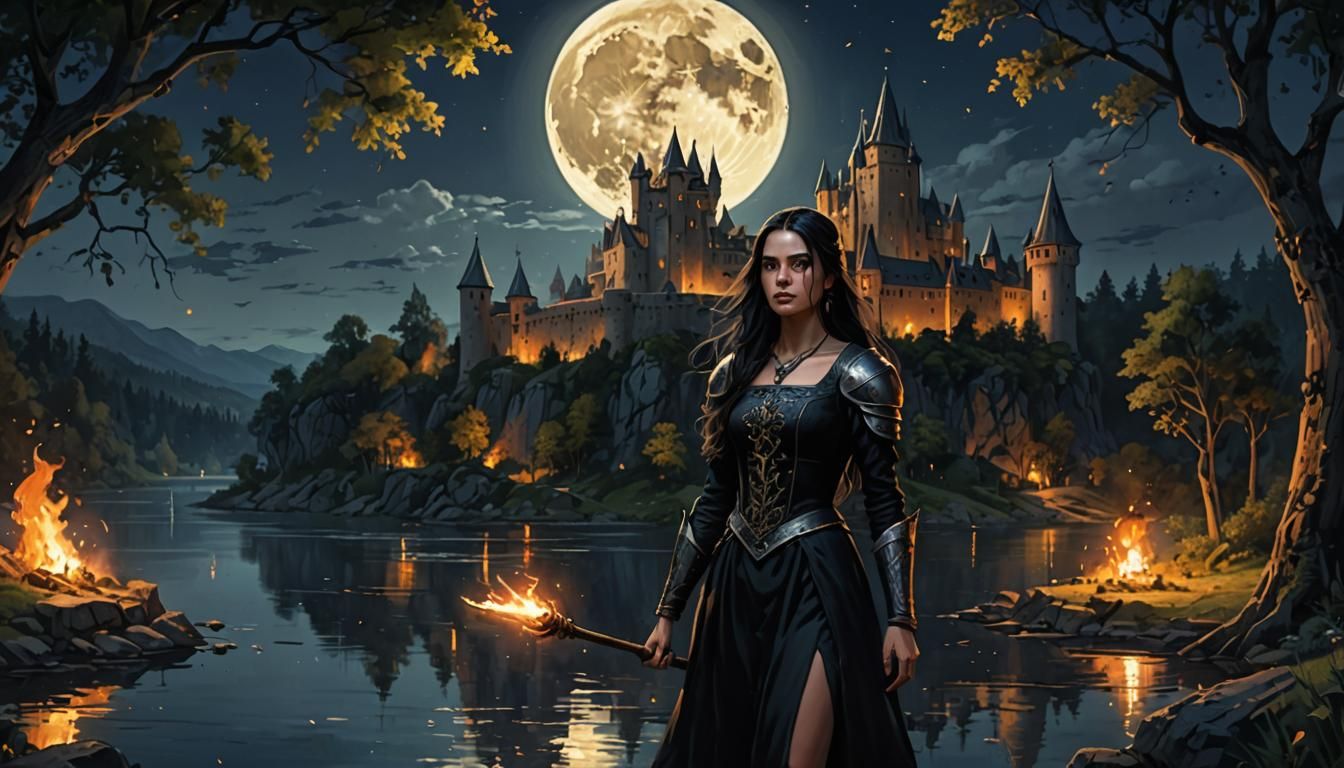 Medieval Stronghold at Night with Woman in Black