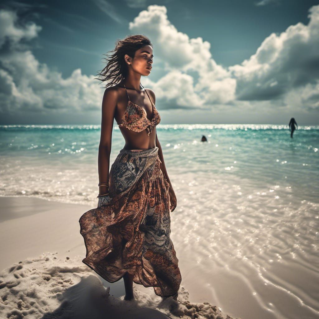 Young Woman on Maldives Beach in Hyperrealistic Style