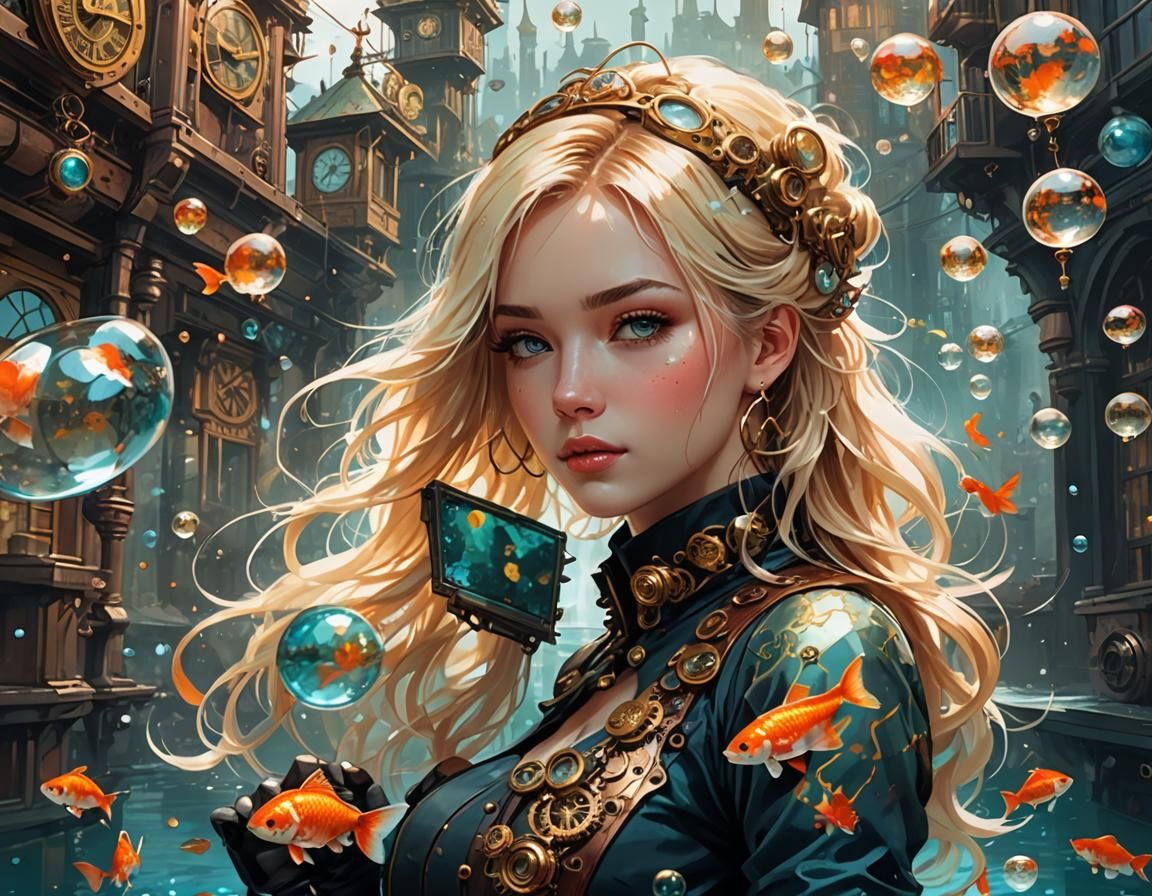 Gorgeous Blonde woman on a steampunk city, hearts bubbles reflections, underwater koi fish background.