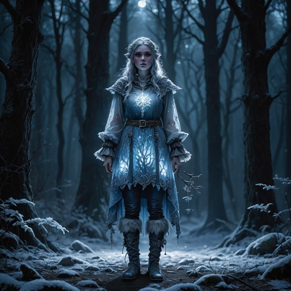 Gothic Hyperrealism: Gnomish Woman in Moonlit Forest