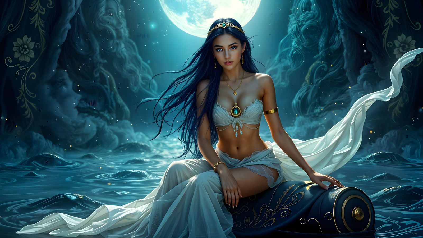 Ethereal Beauty: A Regal, Blue-Haired Woman with Golden Acce...