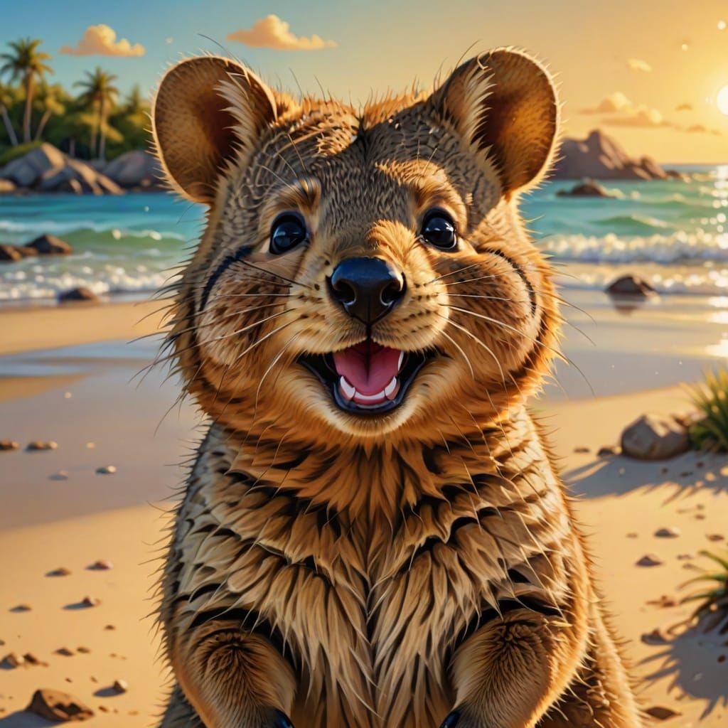 Smiling Quokka on Sunny Beach: Cartoon Illustration