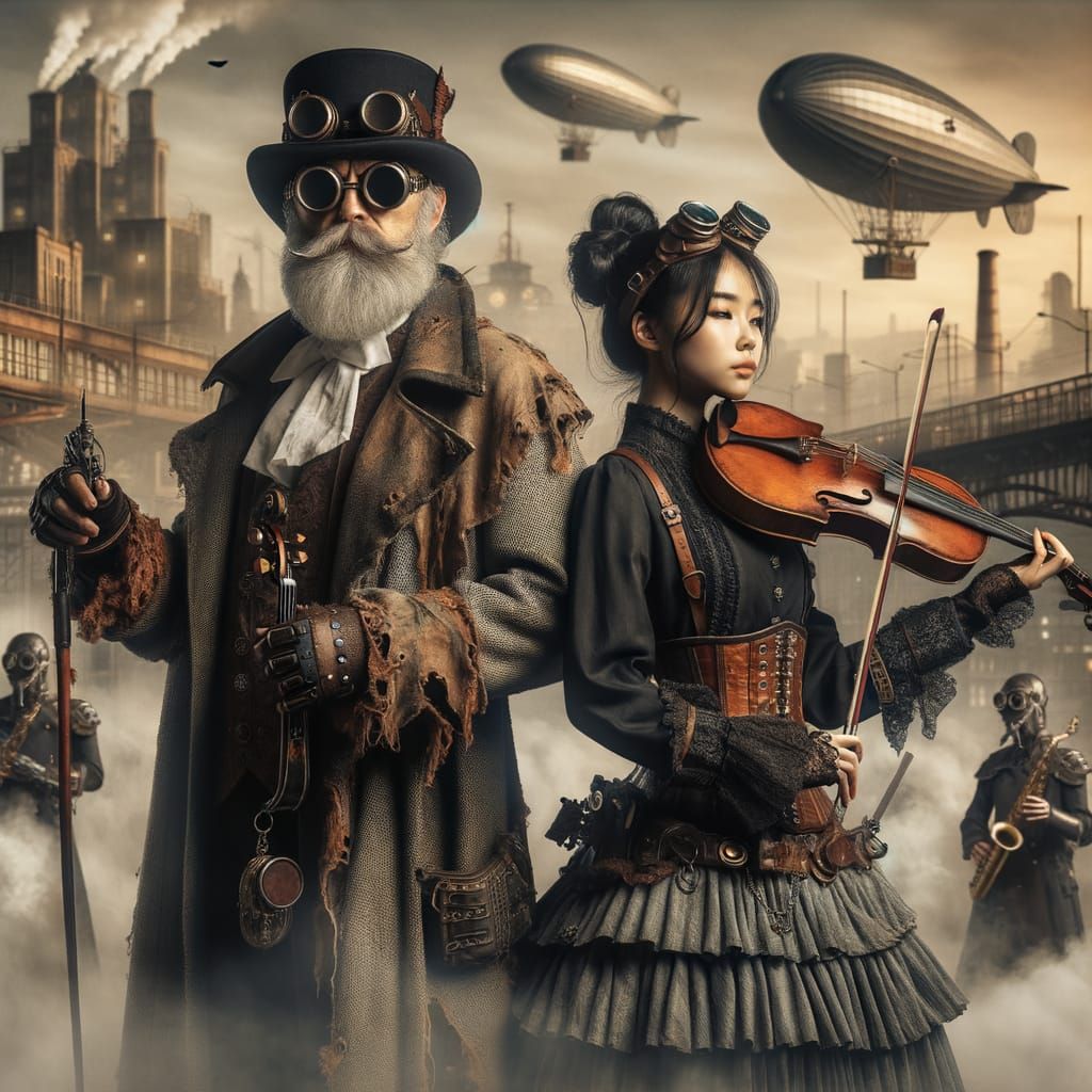 Steampunk Wizard and Fiddle Player in Cityscape