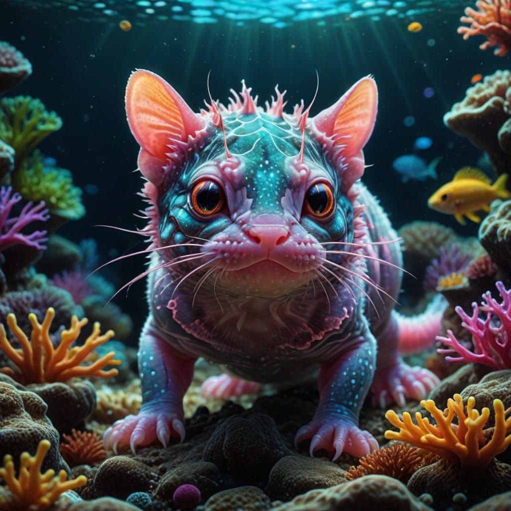 Whimsical Cat-Axolotl Hybrid in Coral Reef Wonderland