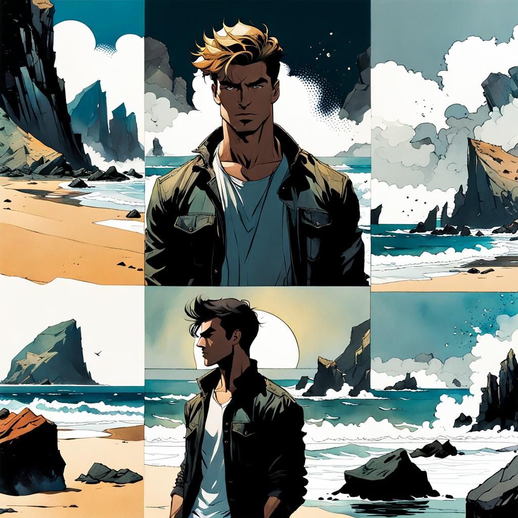 Boy in Comic Book Landscape, Watercolor Style