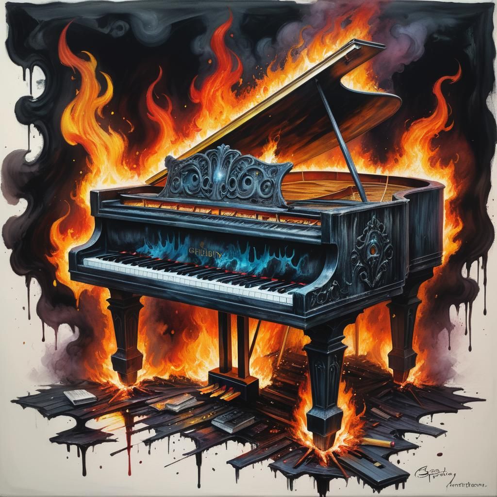 Burning Piano: Gothic Oil Painting in Dark Academia Style