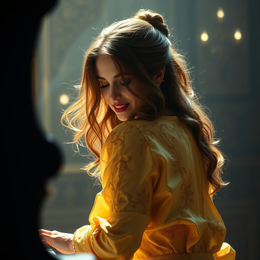 Woman Plays Piano in Opulent Art Nouveau Style