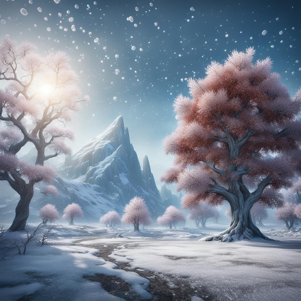 Crystal Snowflakes Fall on Frosted Winter Landscape