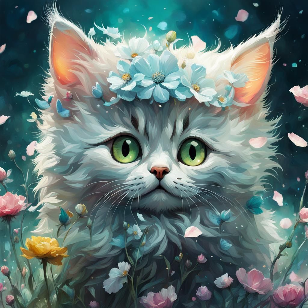 Cute Cat with Flowers: A Maximalist Concept Art