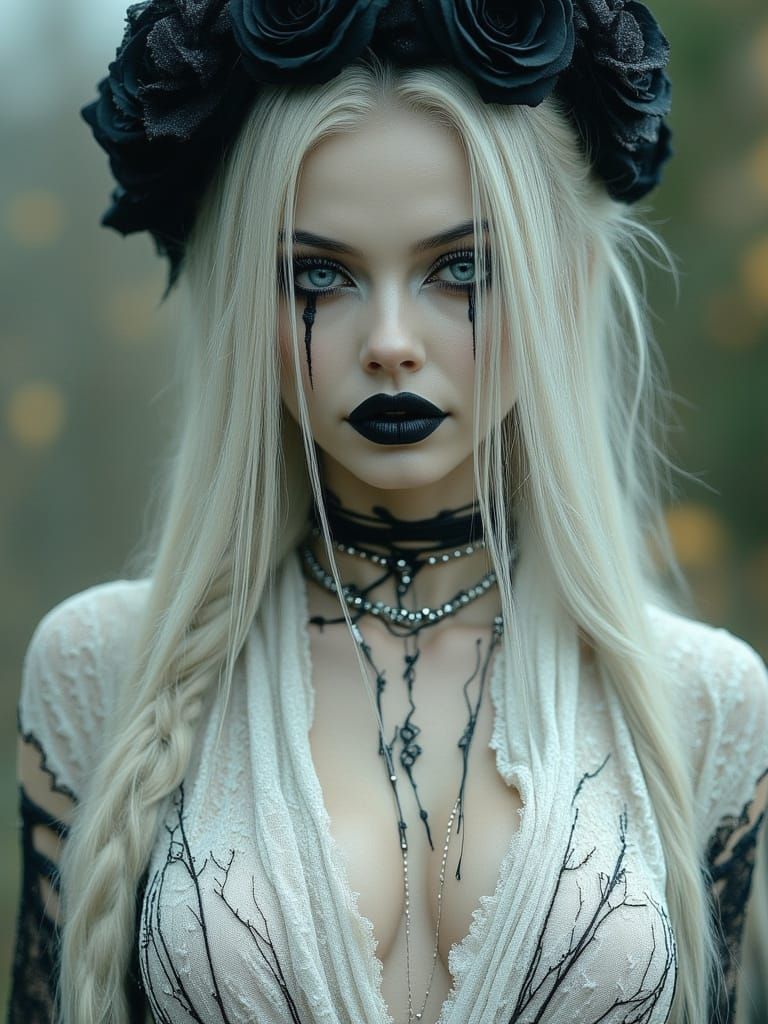 Gothic Woman with White Hair and Black Rose Crown