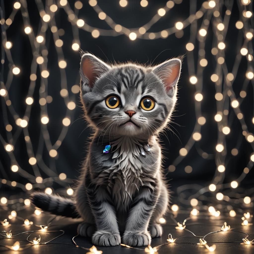 Cute Kitten in Dark Room with Fairy Lights