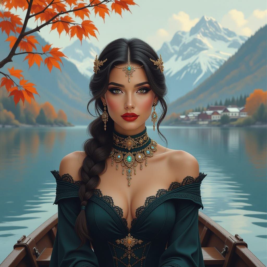Woman in Boat Surrounded by Autumnal Landscape