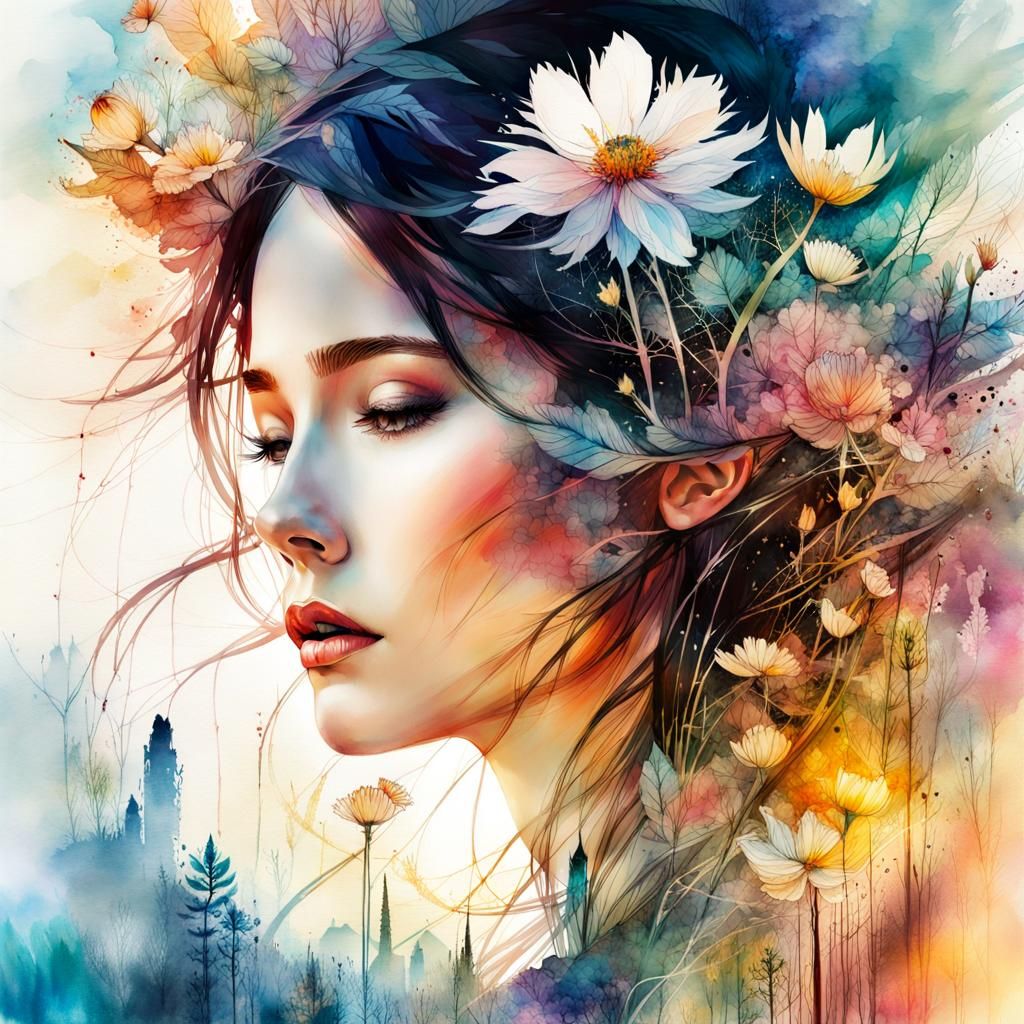 Fantasy Landscape Double Exposure in Watercolour Style