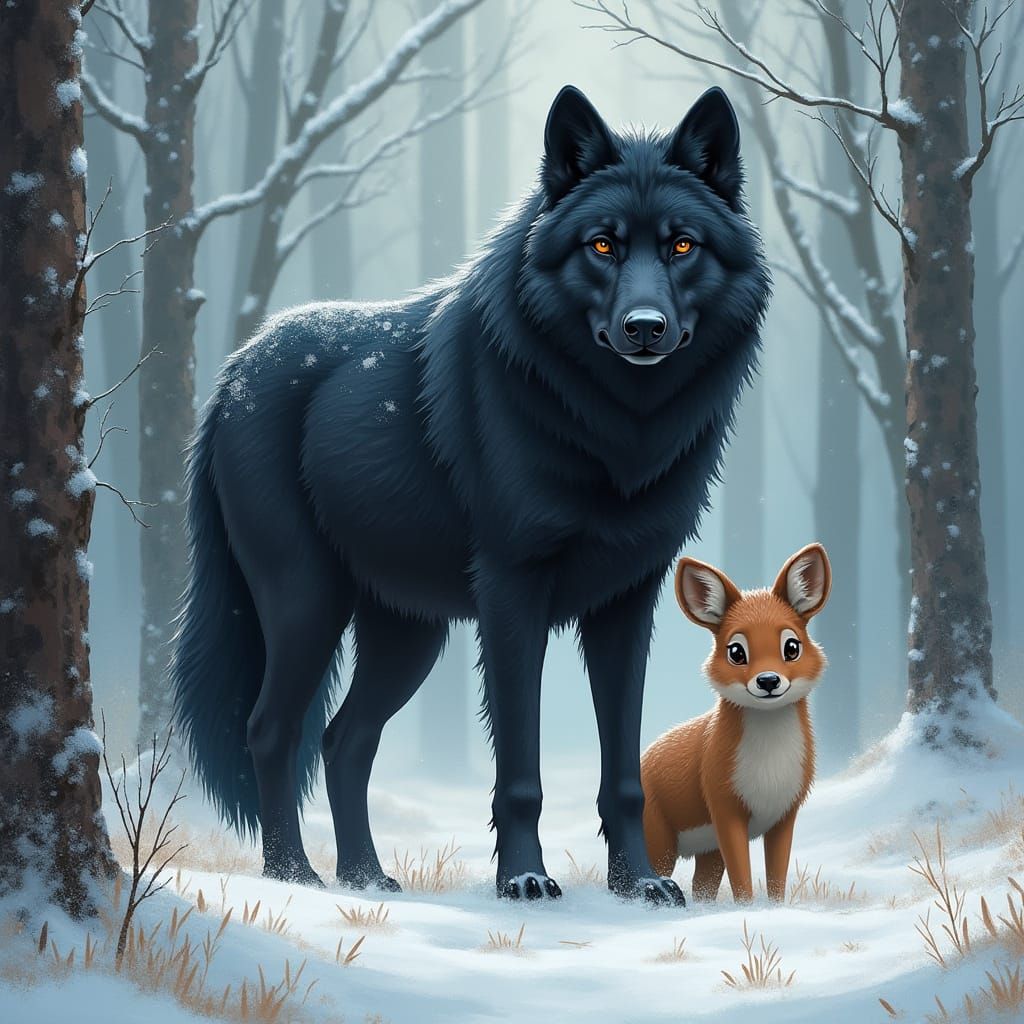 Black Wolf and Deer in Winter Forest