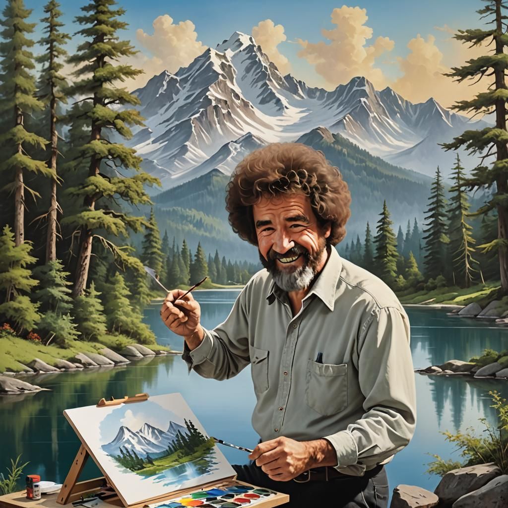 Bob Ross Painting a Happy Little Mountain Scene