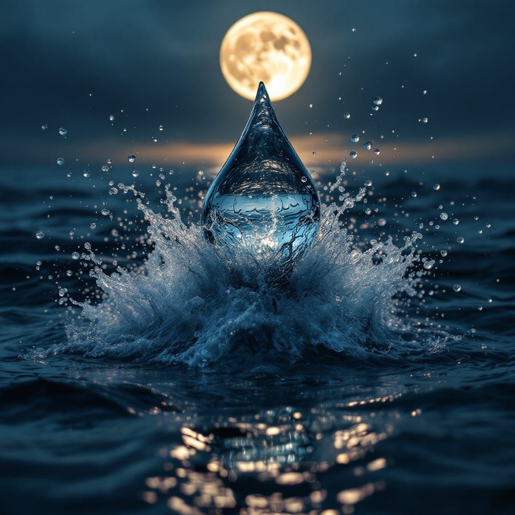 Surreal Teardrop Transformation Over Moonlit Ocean