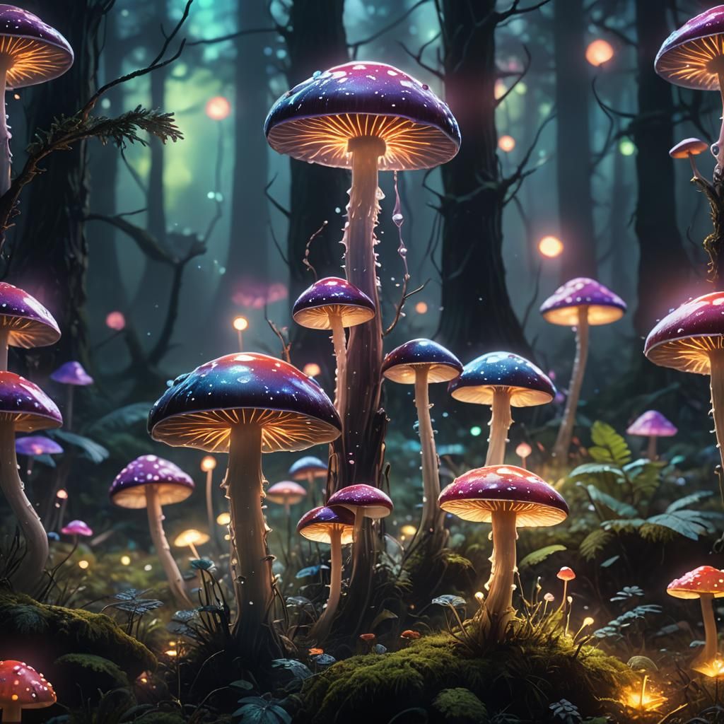Glowing Mushrooms in Astral Forest: Surreal Digital Art