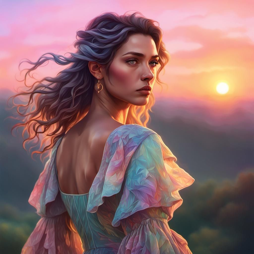 Girl in Pastel Dress at Sunset: Digital Art