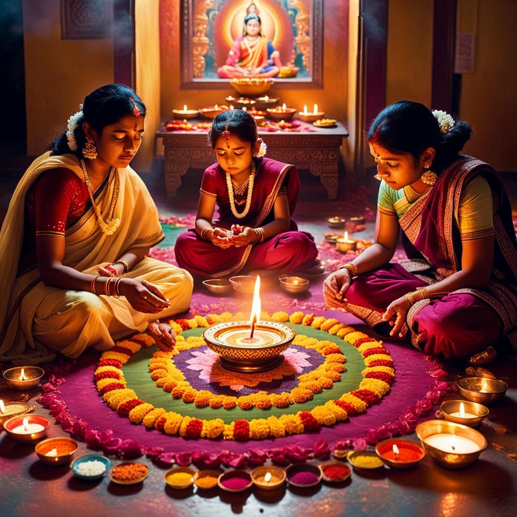 Laxmi Puja During Tihar Festival in Surrealist Style