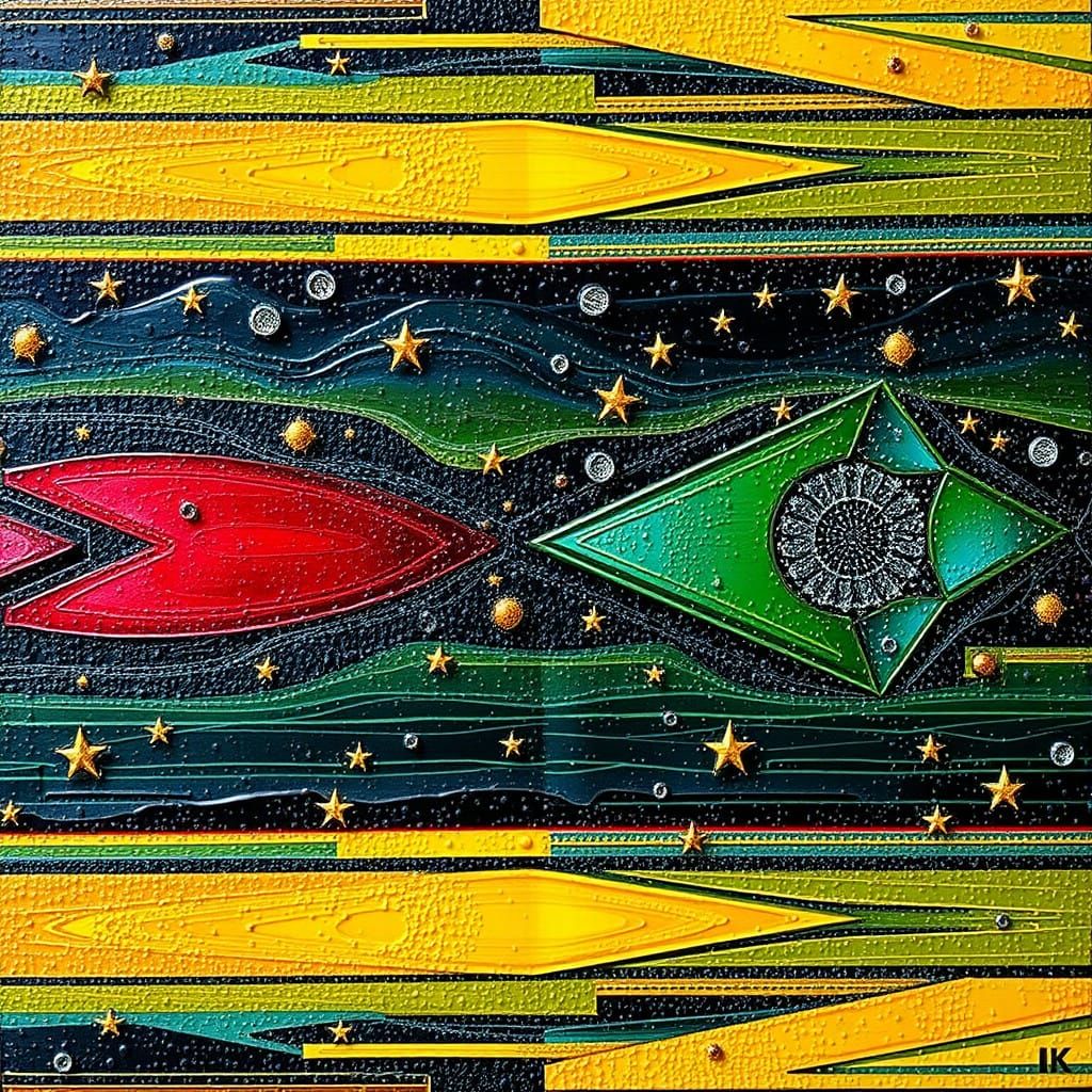 Vibrant Geometric Artwork in Impasto Pointillism Style