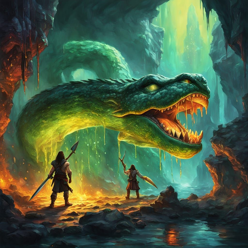 Conan and Giant Snake in a Surreal Cave