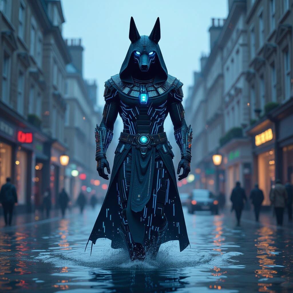 Cyberpunk Anubis Strides Through Flooded London