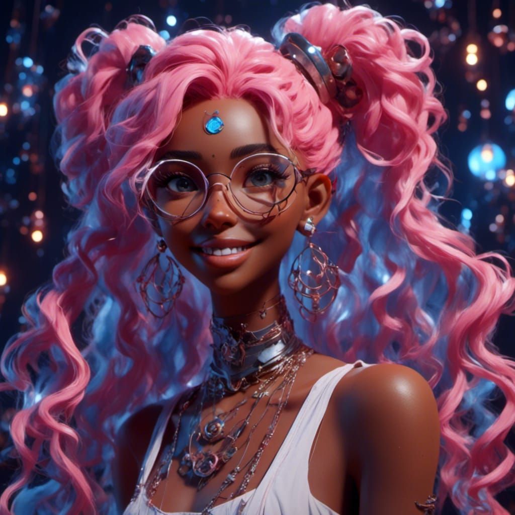 Anime-Style 3D Portrait of Smiling Woman with Pink Hair
