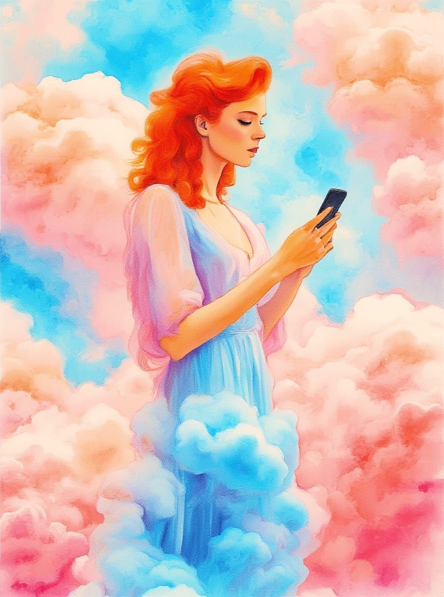 Androgynous Angel on Pink Clouds in Retro Ink Wash Style