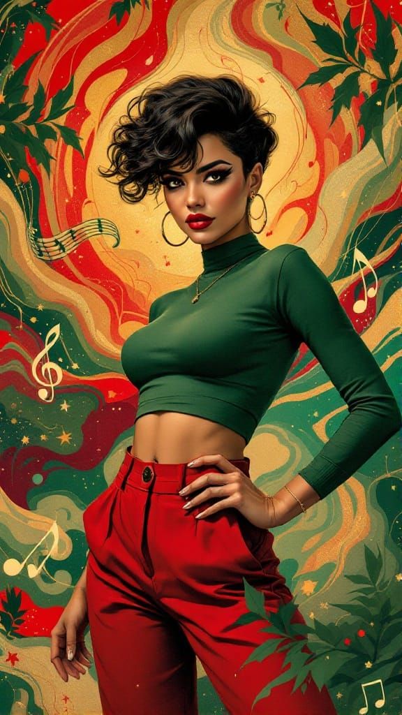 Confident Woman in Dynamic Pose amidst Vibrant Abstract Back...