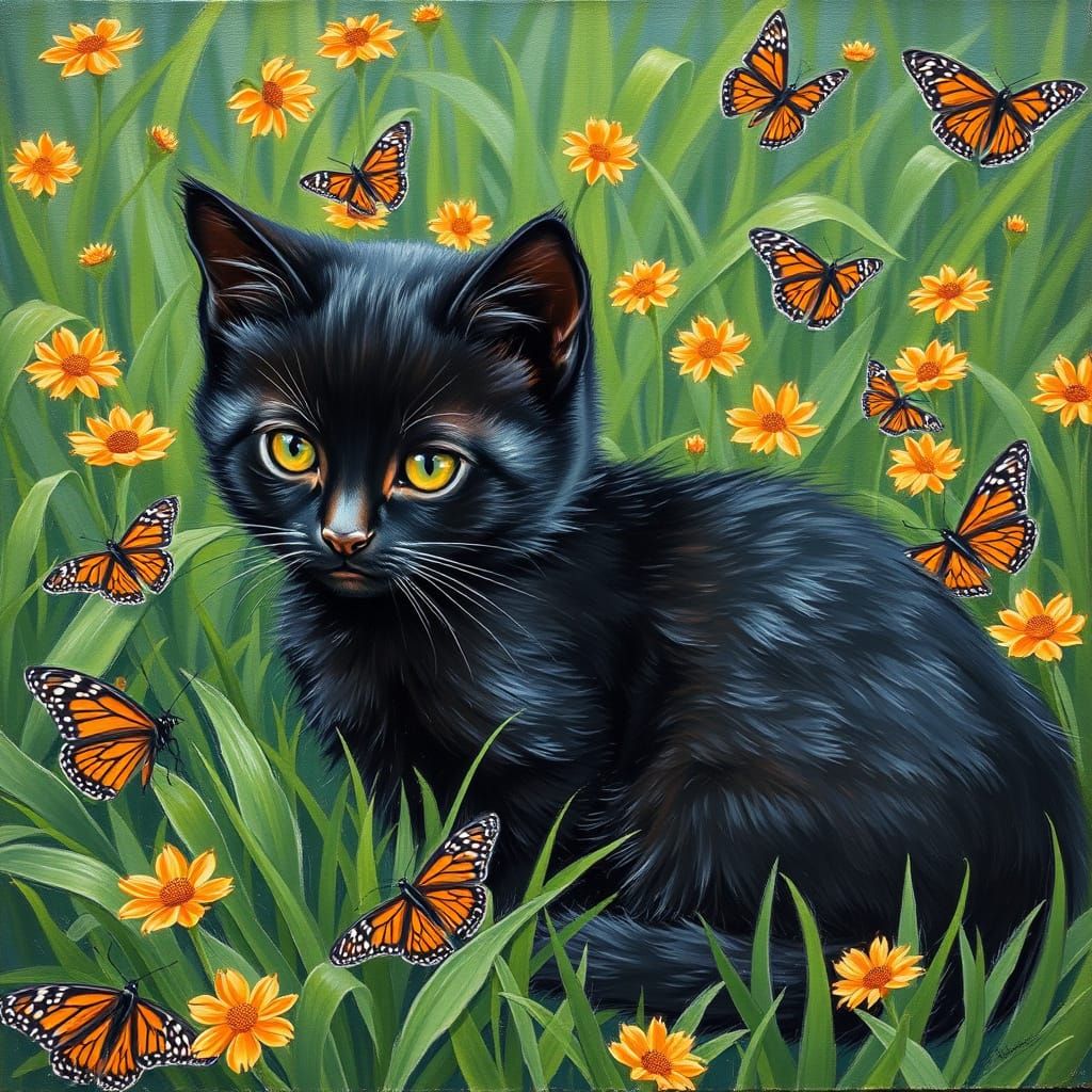 Sleek Black Kitten in Whimsical Monarch Butterfly Garden, Oi...