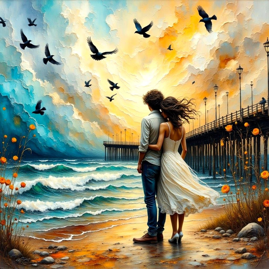 Impasto Painting of Starlings Flying at Burnt Pier