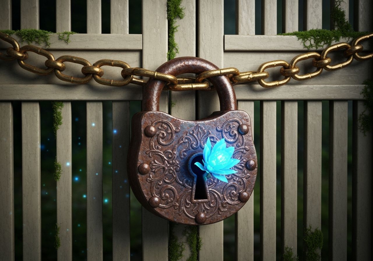 Ornate Padlock with Glowing Flower on Ivory Gate