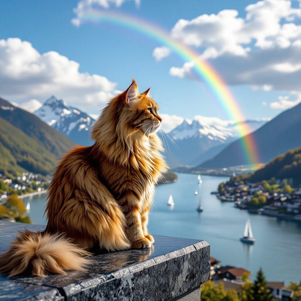 Majestic Long-Haired Cat on Obsidian Ledge