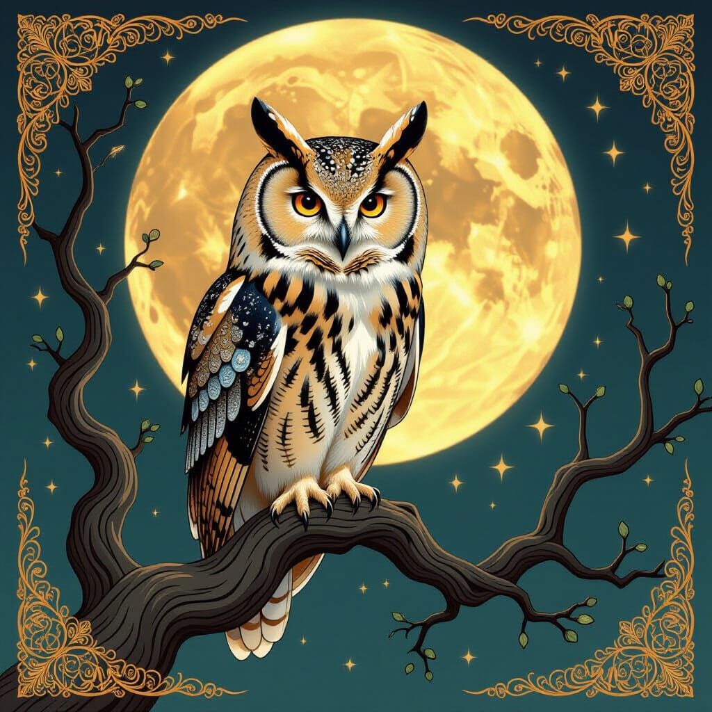 Iridescent Owl on Oak Branch in Art Nouveau Style