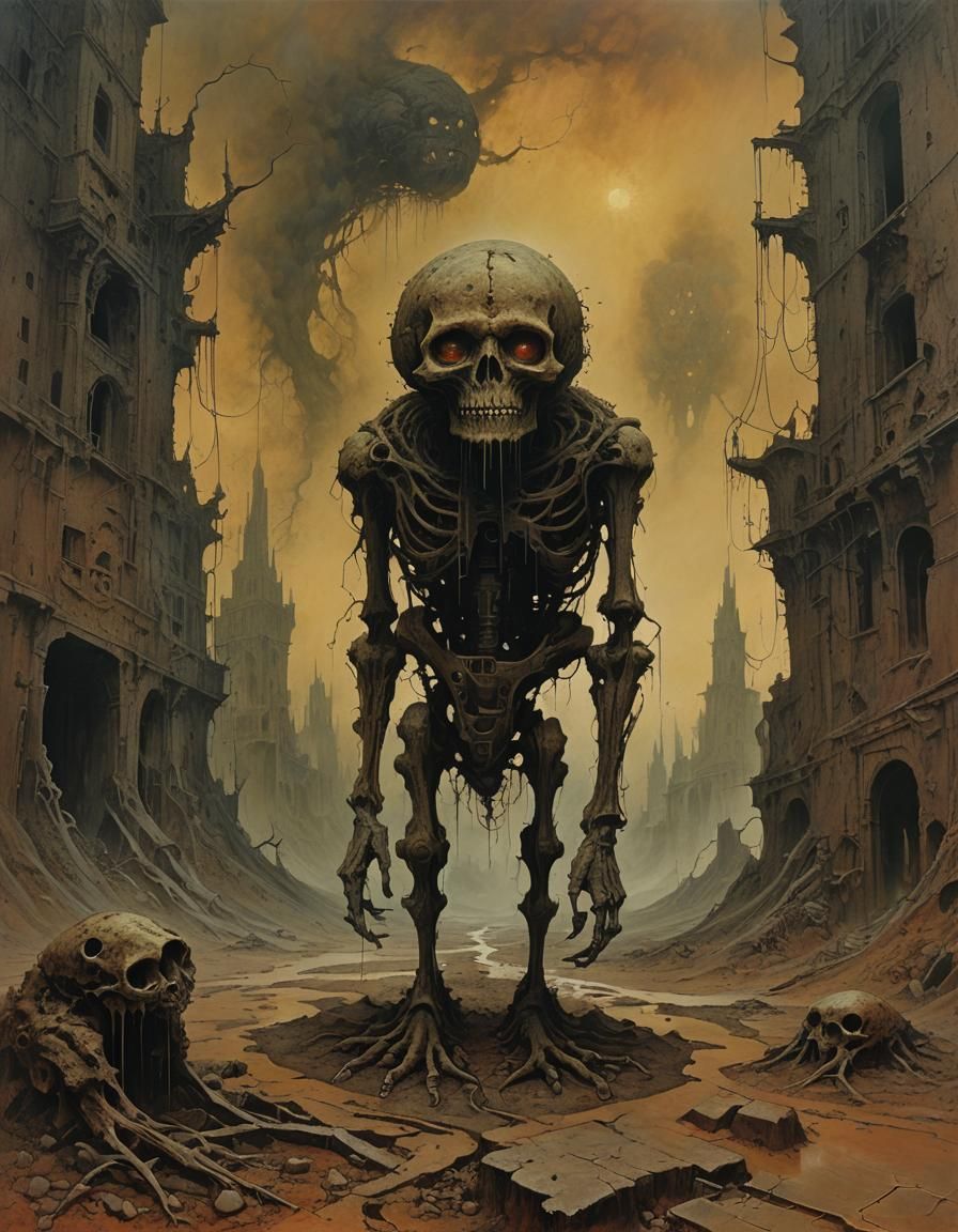 Surreal Landscape with Hybrid Being in Beksiński Style